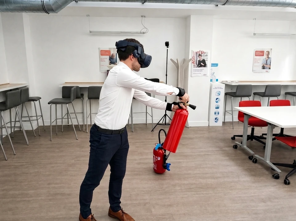 Formation sécurité incendie en réalité virtuelle dans une salle de réunion moderne