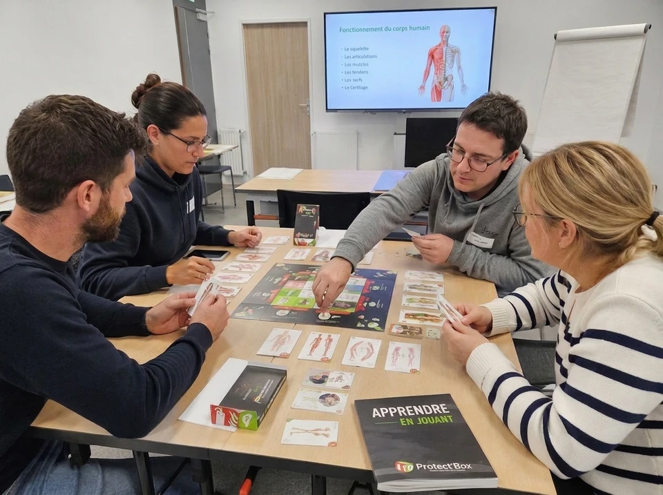 Groupe de 7 professionnels en tenue noire uniforme, réunis autour d'une table de réunion, analysant des documents, cartes visuelles et supports pédagogiques colorés
