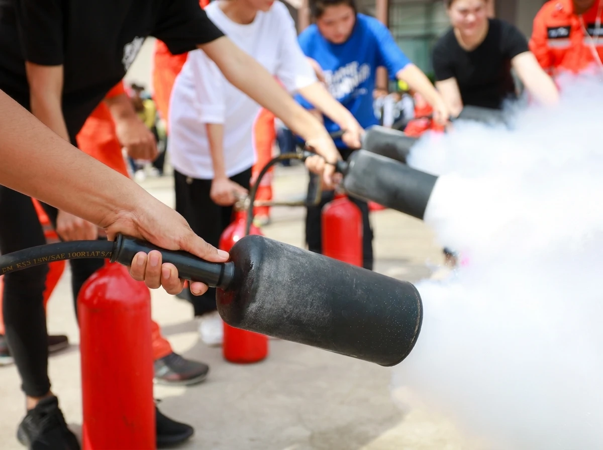 Salarié en vêtements professionnels ordinaires tenant un extincteur portatif rouge lors d'un exercice pratique de formation sécurité incendie, dans un environnement d'entreprise ou salle de formation, illustrant la maîtrise des gestes d'extinction face au feu.