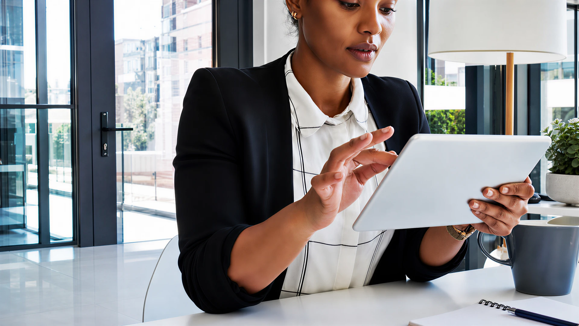Ingénieur senior en casque de sécurité blanc utilisant une tablette numérique dans un environnement industriel moderne
